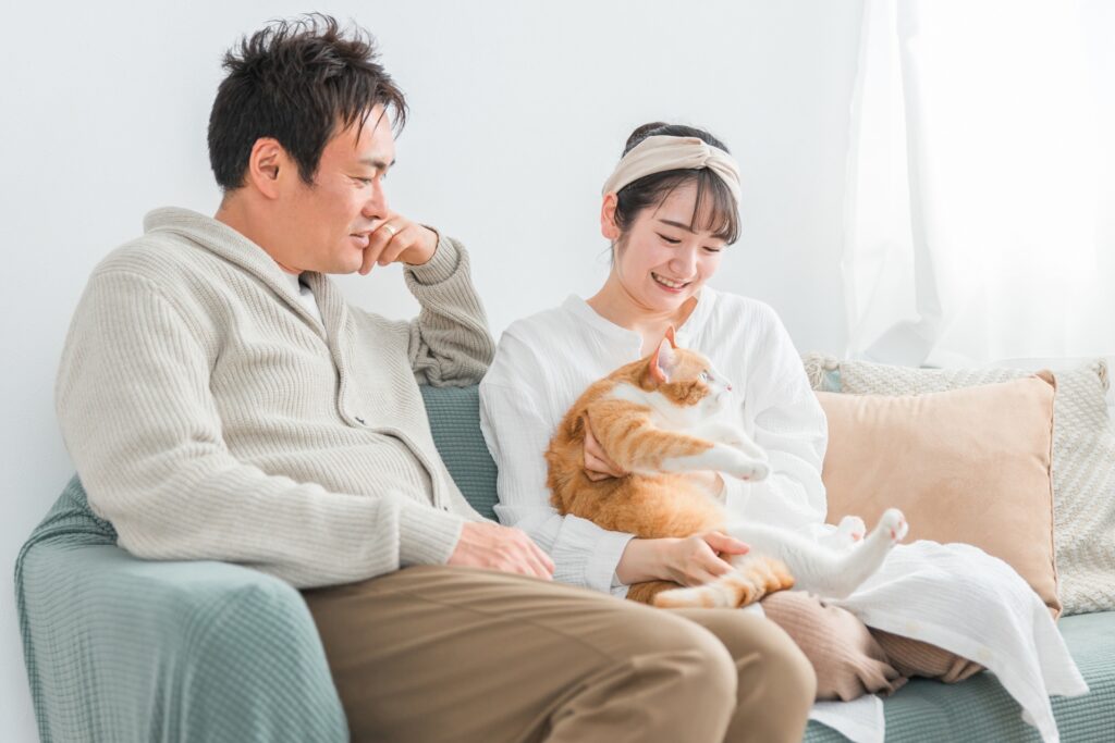 家で猫を飼うカップル